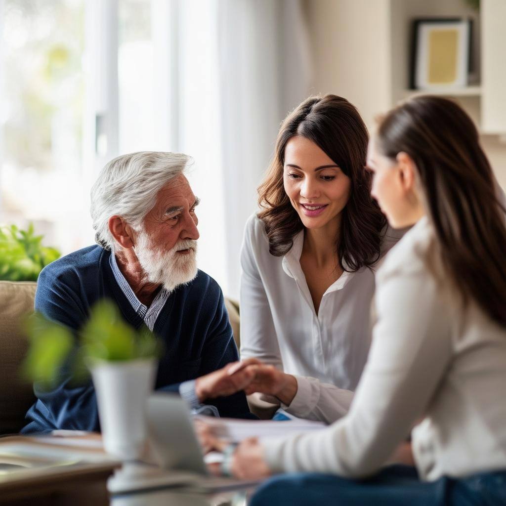 professional business female consulting with a senior and their daughter in the living room
